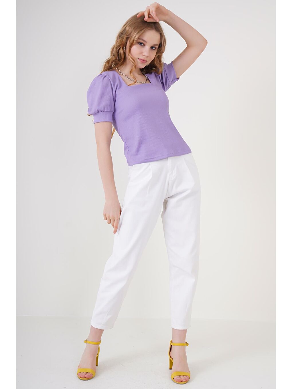 0409 Kare Yaka Örme Bluz - Lila-1