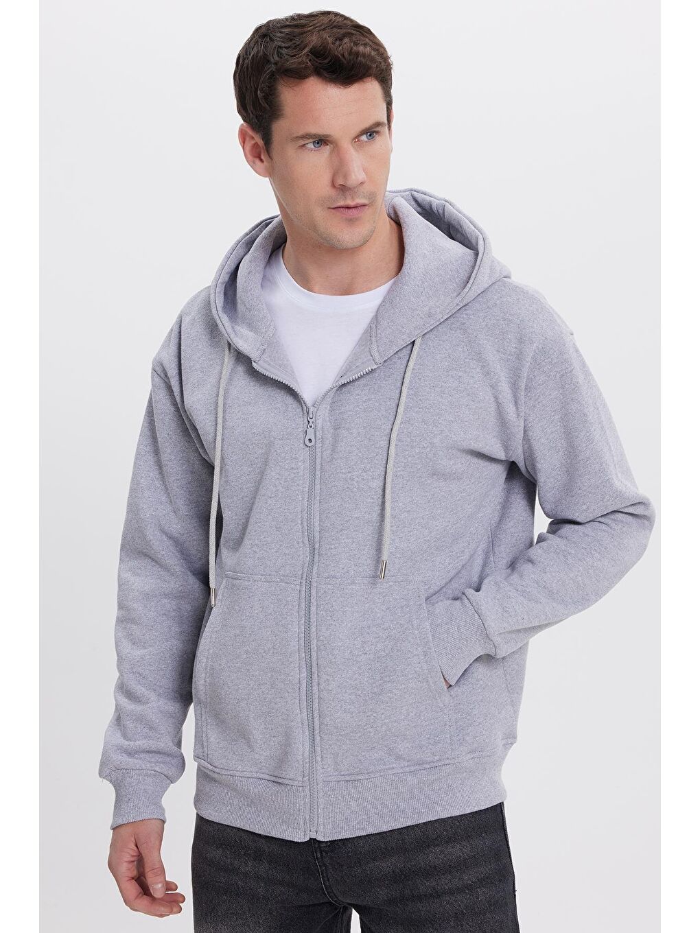 Erkek Relax Fit Rahat Kesim Pamuklu Tam Fermuarlı Kanguru Cepli Sırt Çantalı Gri Sweatshirt