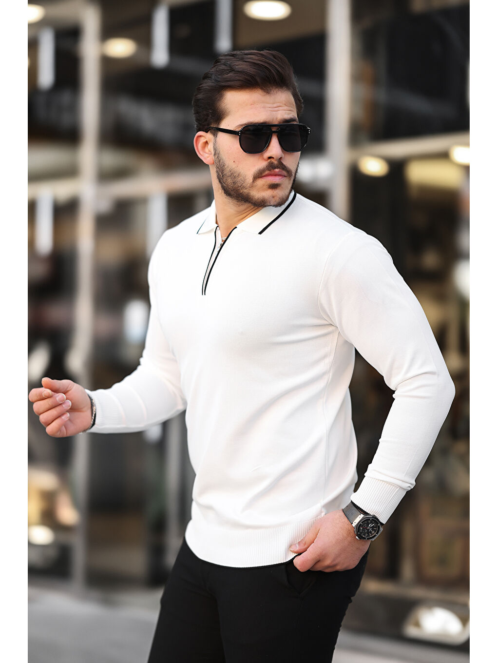 Beyaz Fermuar Yaka Çizgi Detaylı Erkek Kazak-3