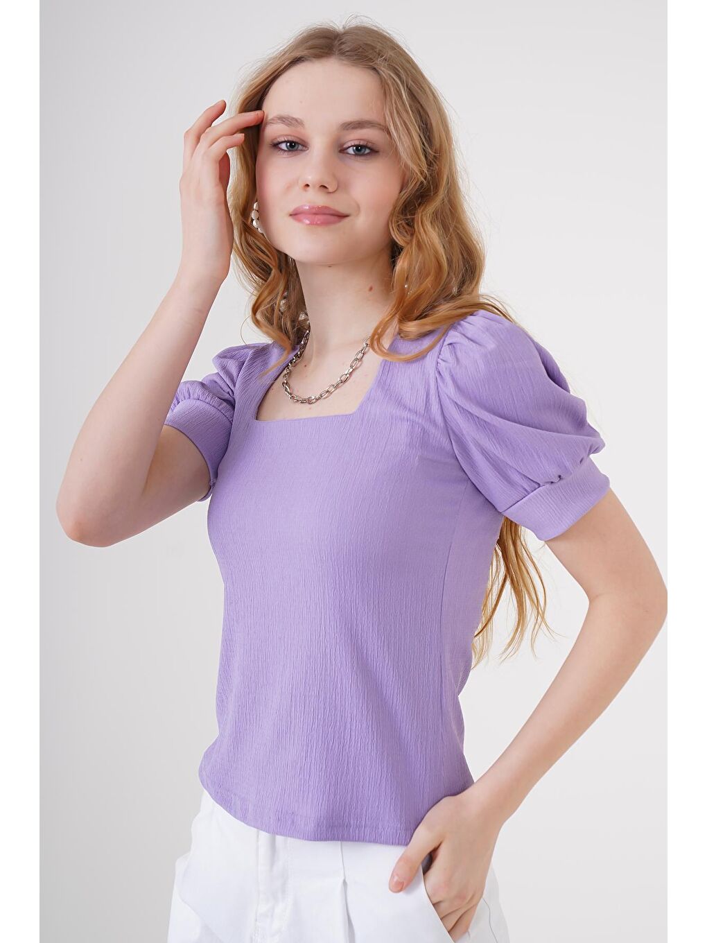 0409 Kare Yaka Örme Bluz - Lila-2
