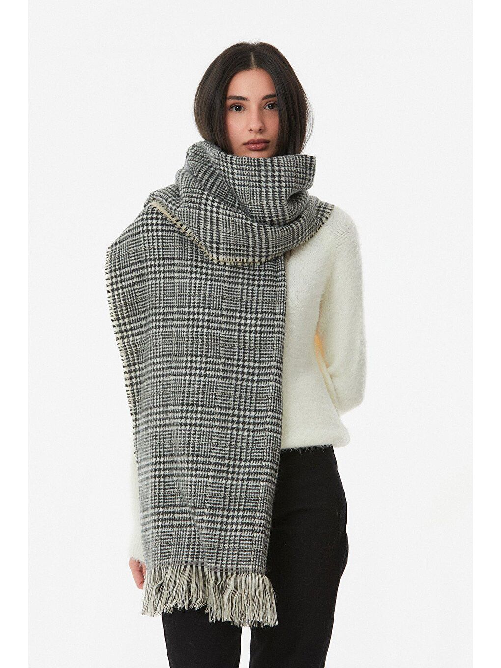 Bej Kazayağı Desenli Yumuşak Dokulu Şal-4