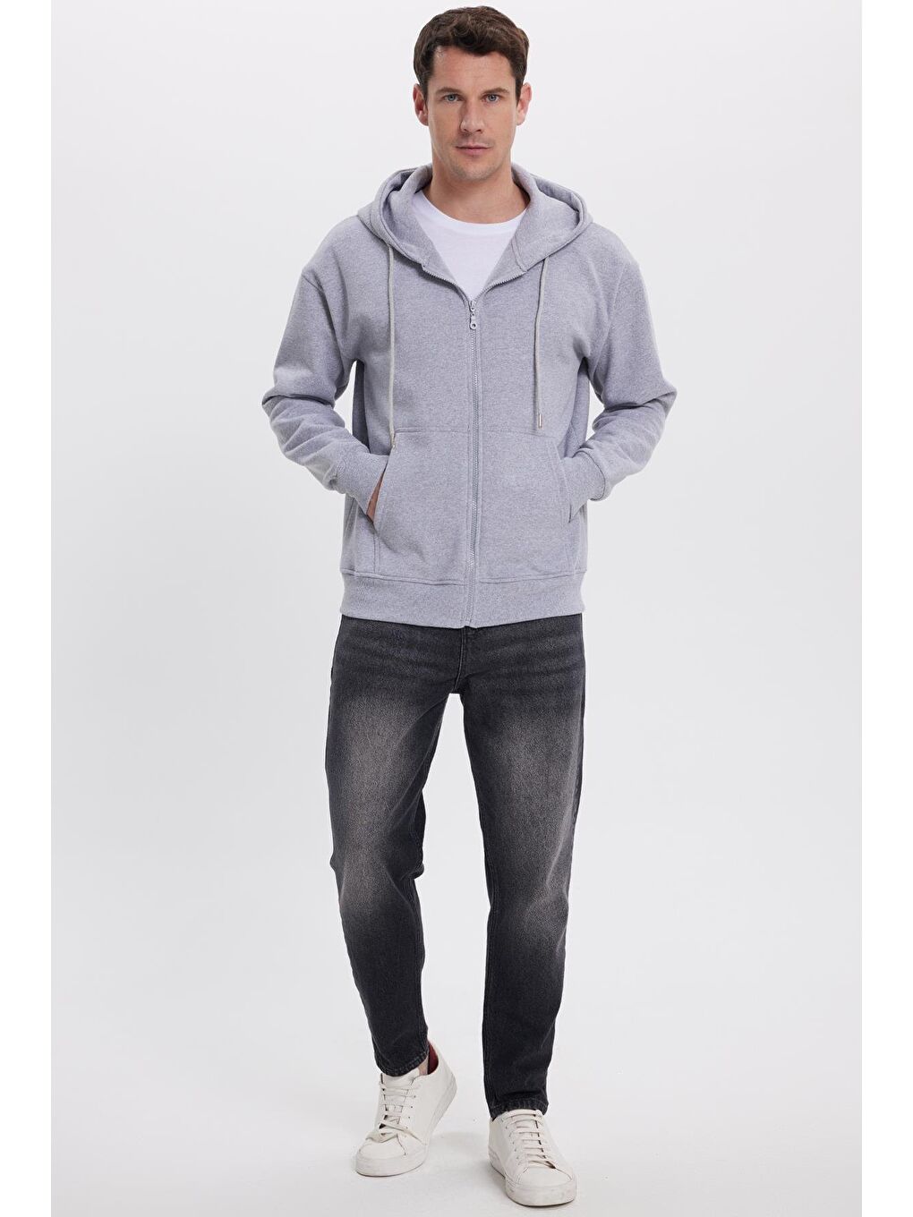 Erkek Relax Fit Rahat Kesim Pamuklu Tam Fermuarlı Kanguru Cepli Sırt Çantalı Gri Sweatshirt-3