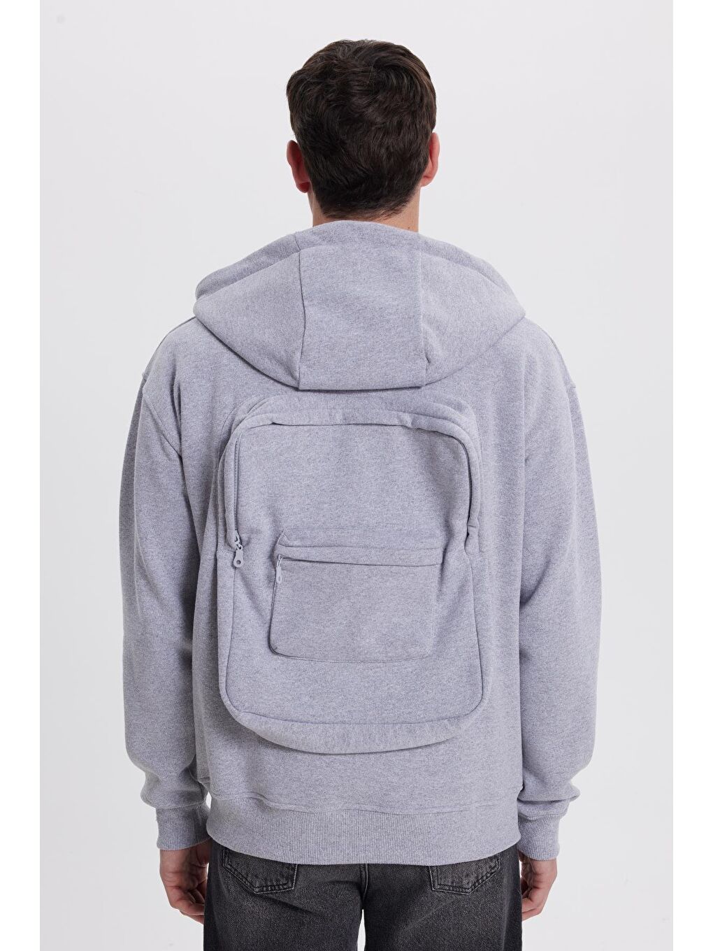 Erkek Relax Fit Rahat Kesim Pamuklu Tam Fermuarlı Kanguru Cepli Sırt Çantalı Gri Sweatshirt-7