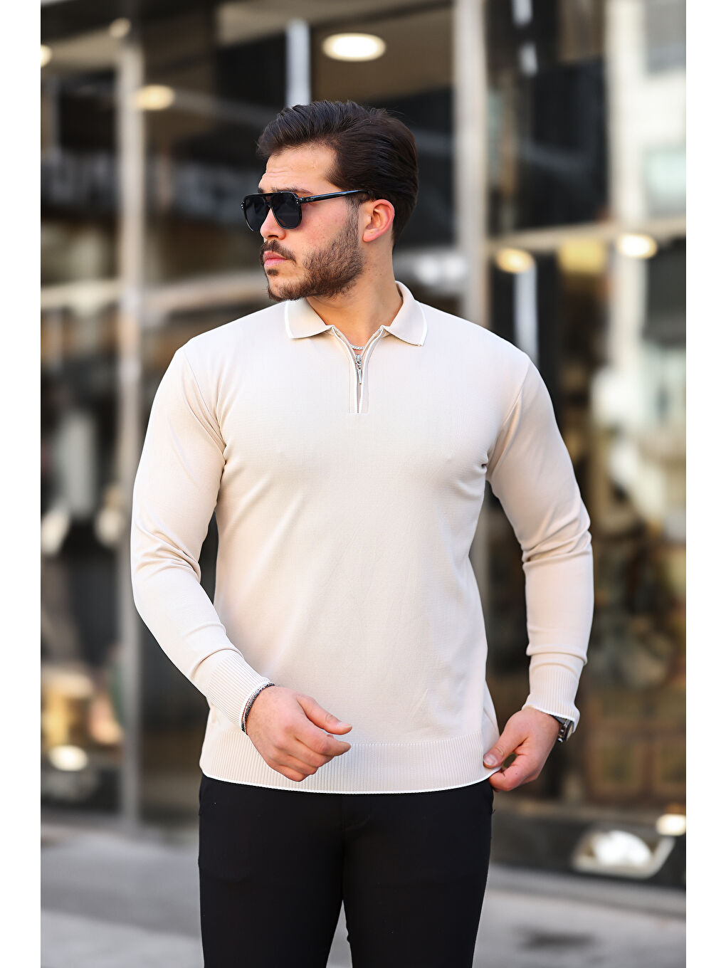 Ekru Fermuar Yaka Çizgi Detaylı Erkek Kazak