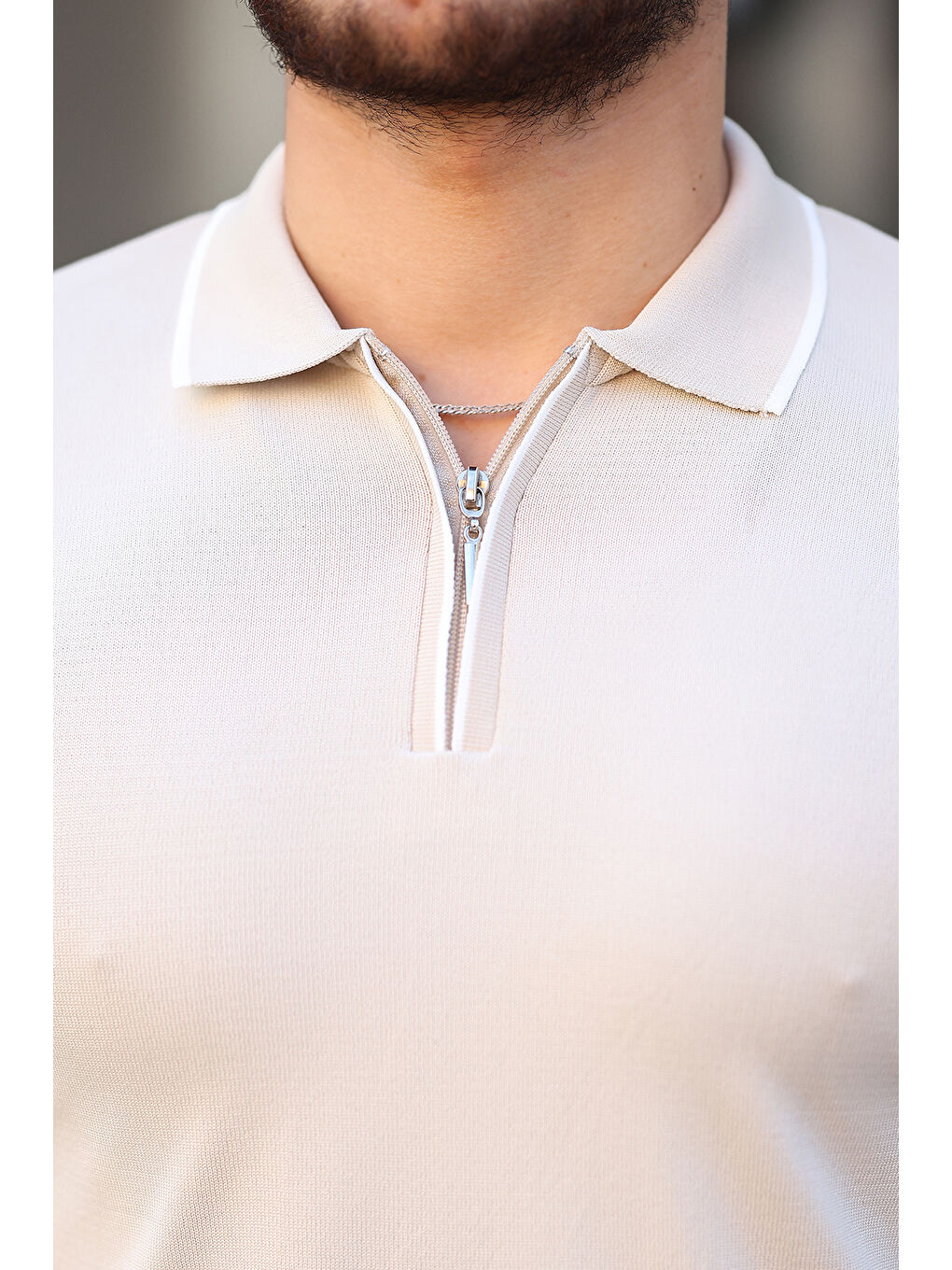 Ekru Fermuar Yaka Çizgi Detaylı Erkek Kazak-1