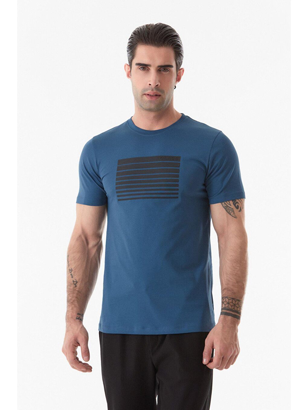 Mavi Baskılı Bisiklet Yaka Tişört-1