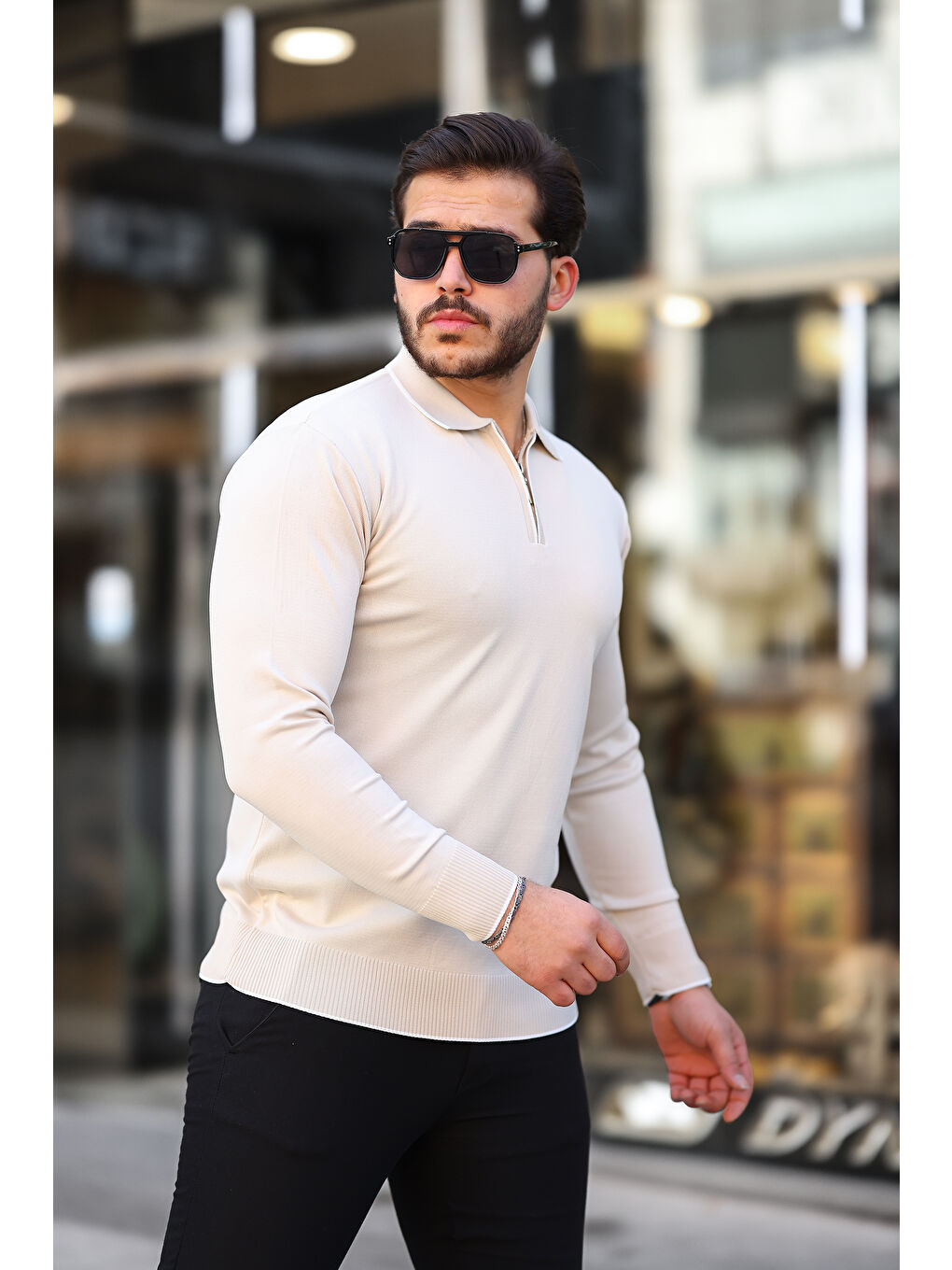 Ekru Fermuar Yaka Çizgi Detaylı Erkek Kazak-2