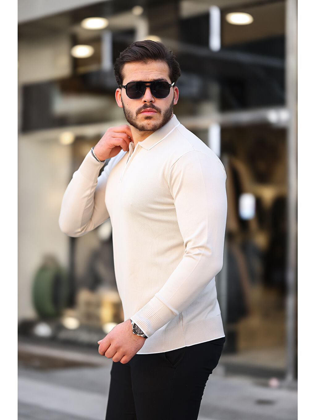 Ekru Fermuar Yaka Çizgi Detaylı Erkek Kazak-3