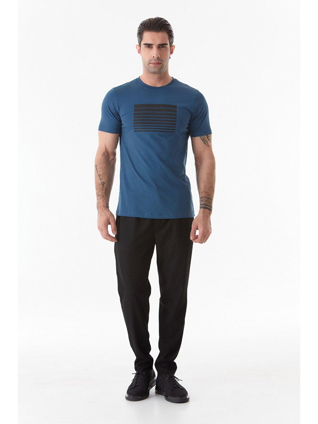 Mavi Baskılı Bisiklet Yaka Tişört-3