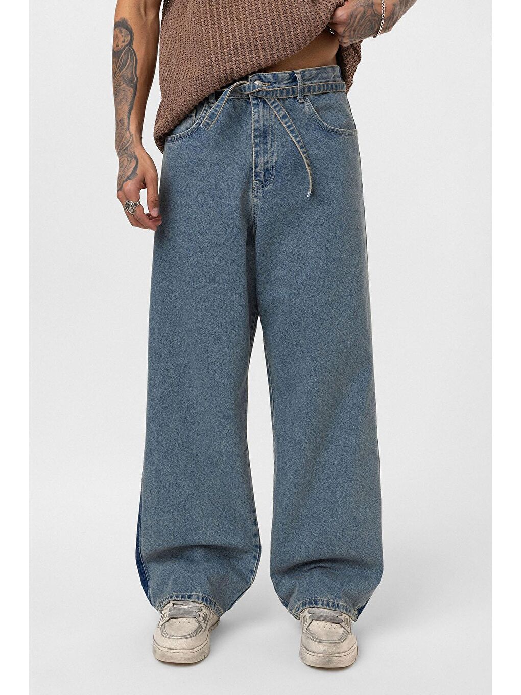 Kemer Detaylı Şeritli Baggy Jean Mavi Melanj-2