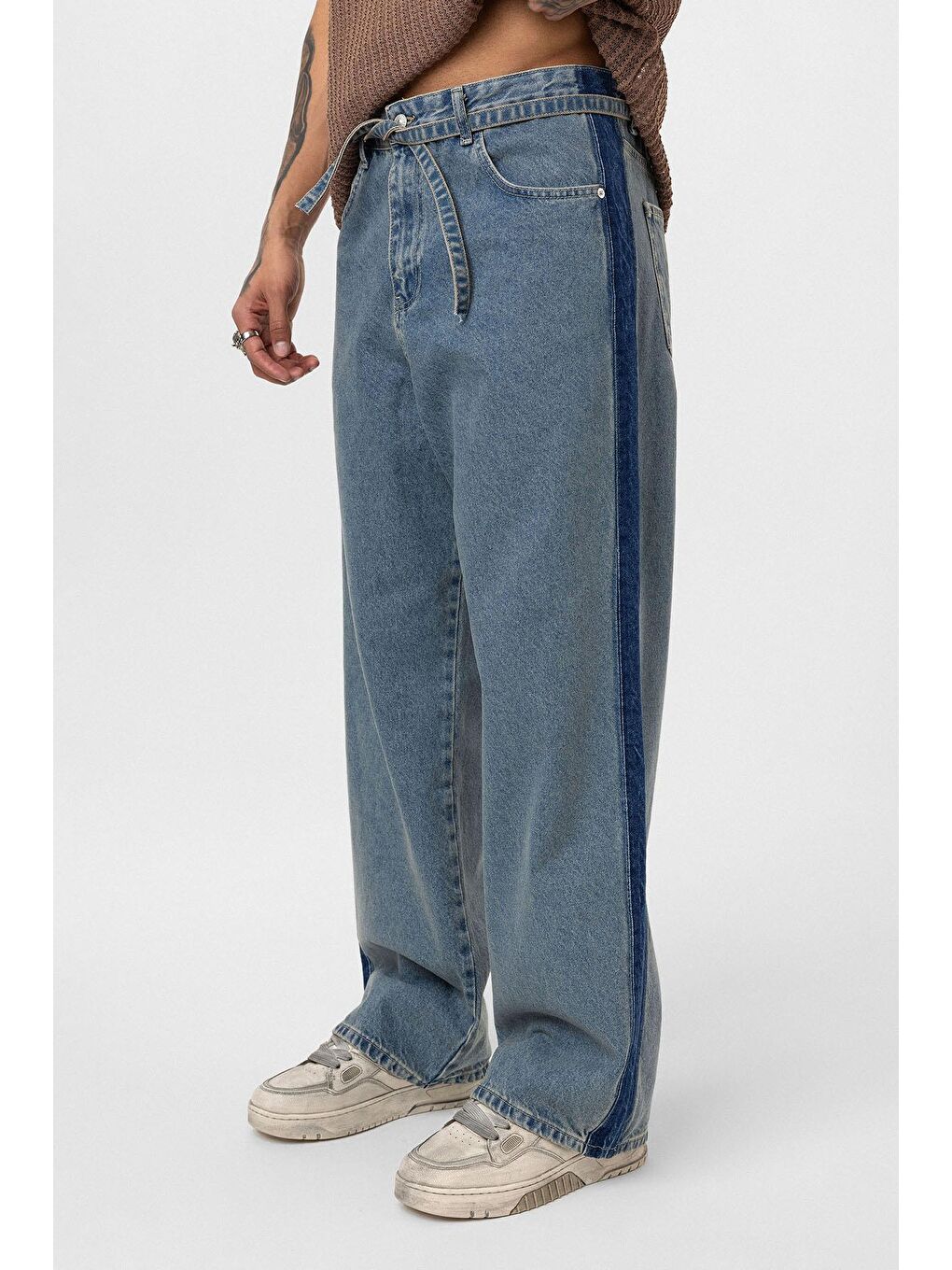 Kemer Detaylı Şeritli Baggy Jean Mavi Melanj-3