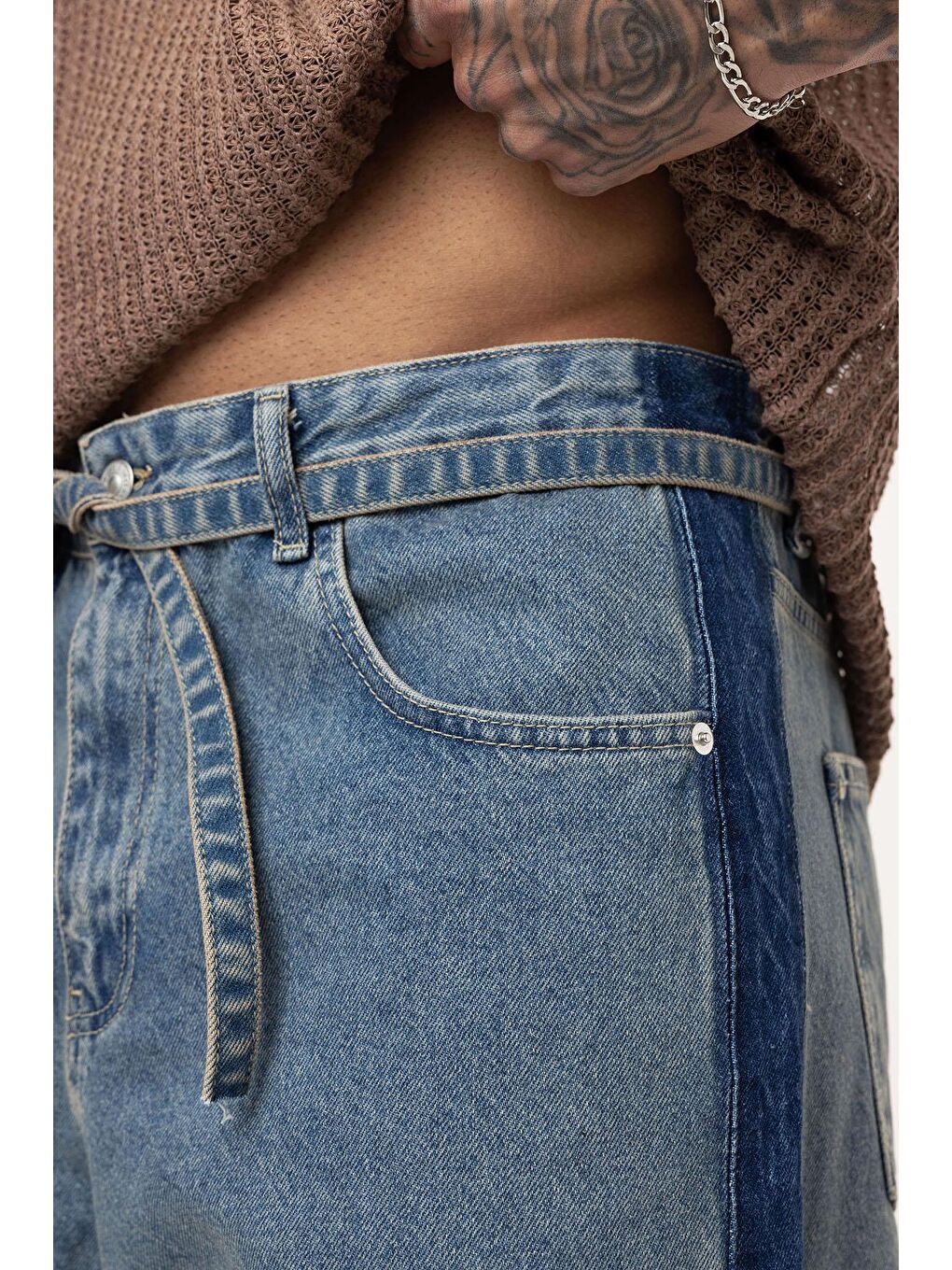 Kemer Detaylı Şeritli Baggy Jean Mavi Melanj-4