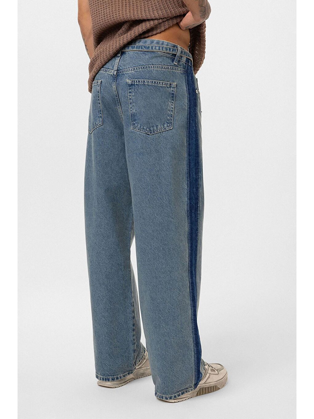 Kemer Detaylı Şeritli Baggy Jean Mavi Melanj-5