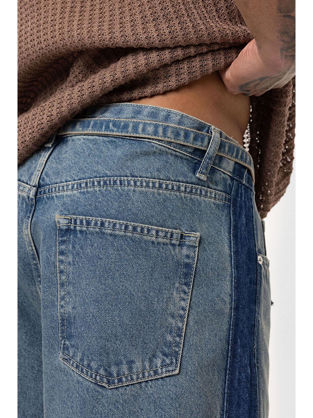 Kemer Detaylı Şeritli Baggy Jean Mavi Melanj-6