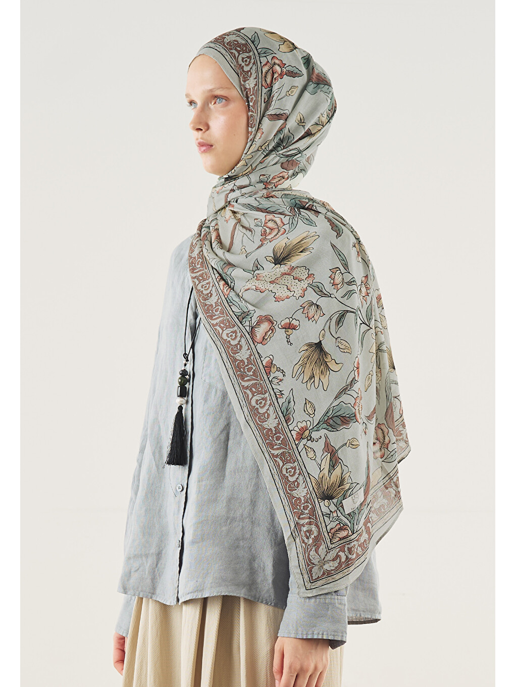 Pure Ethnic Desen Soft Viskon Şal Soft Yeşil-1