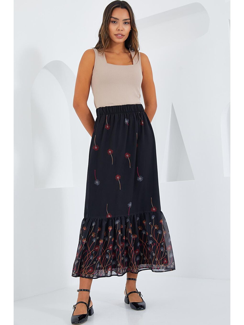 Kadın Siyah Turuncu Desenli Şifon Etek 8010-2