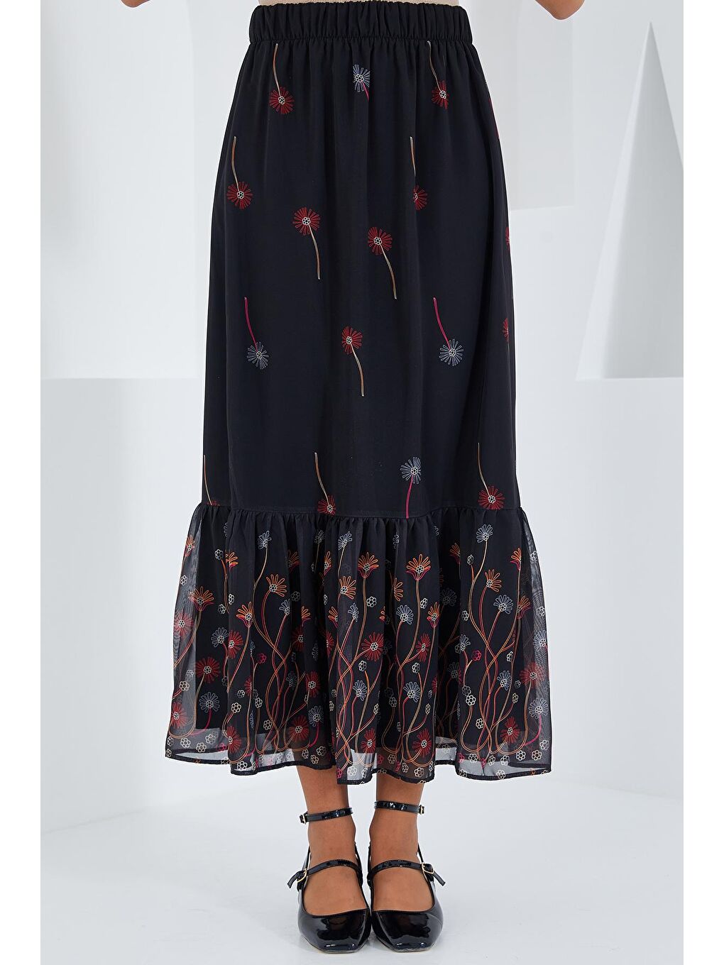 Kadın Siyah Turuncu Desenli Şifon Etek 8010-5