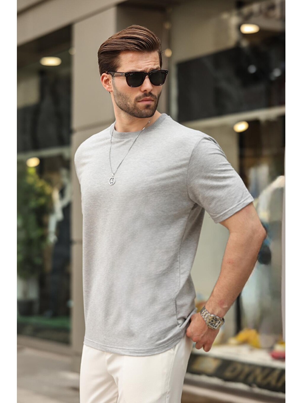 Gri Bisiklet Yaka Basic Kısa Kollu Tişört 7042-1