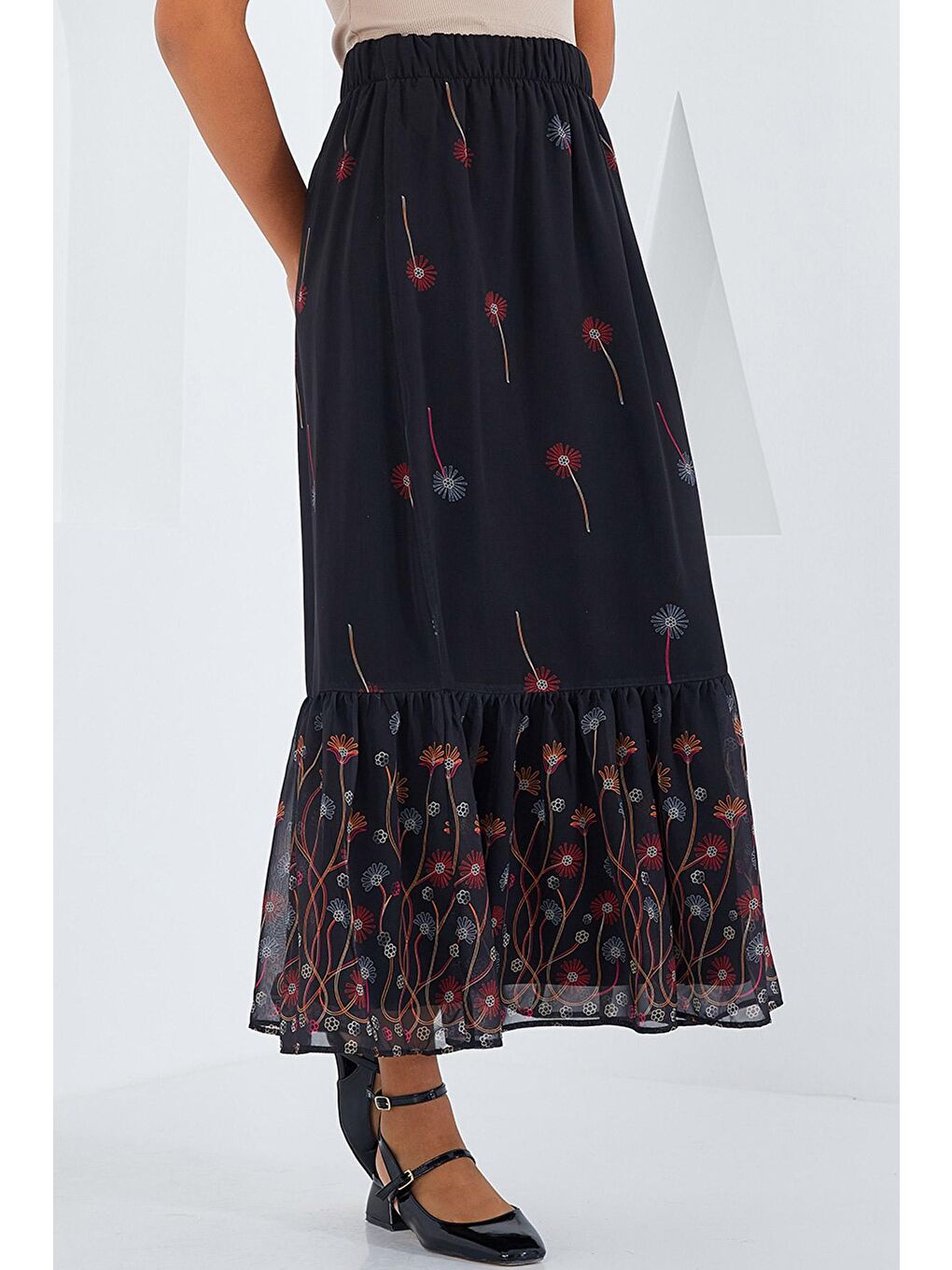 Kadın Siyah Turuncu Desenli Şifon Etek 8010-7