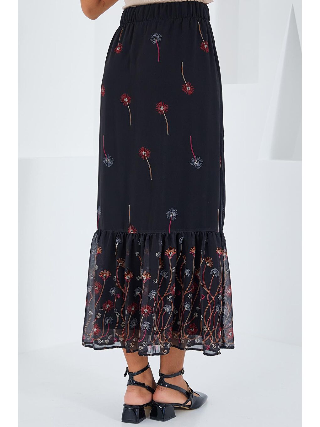 Kadın Siyah Turuncu Desenli Şifon Etek 8010-8