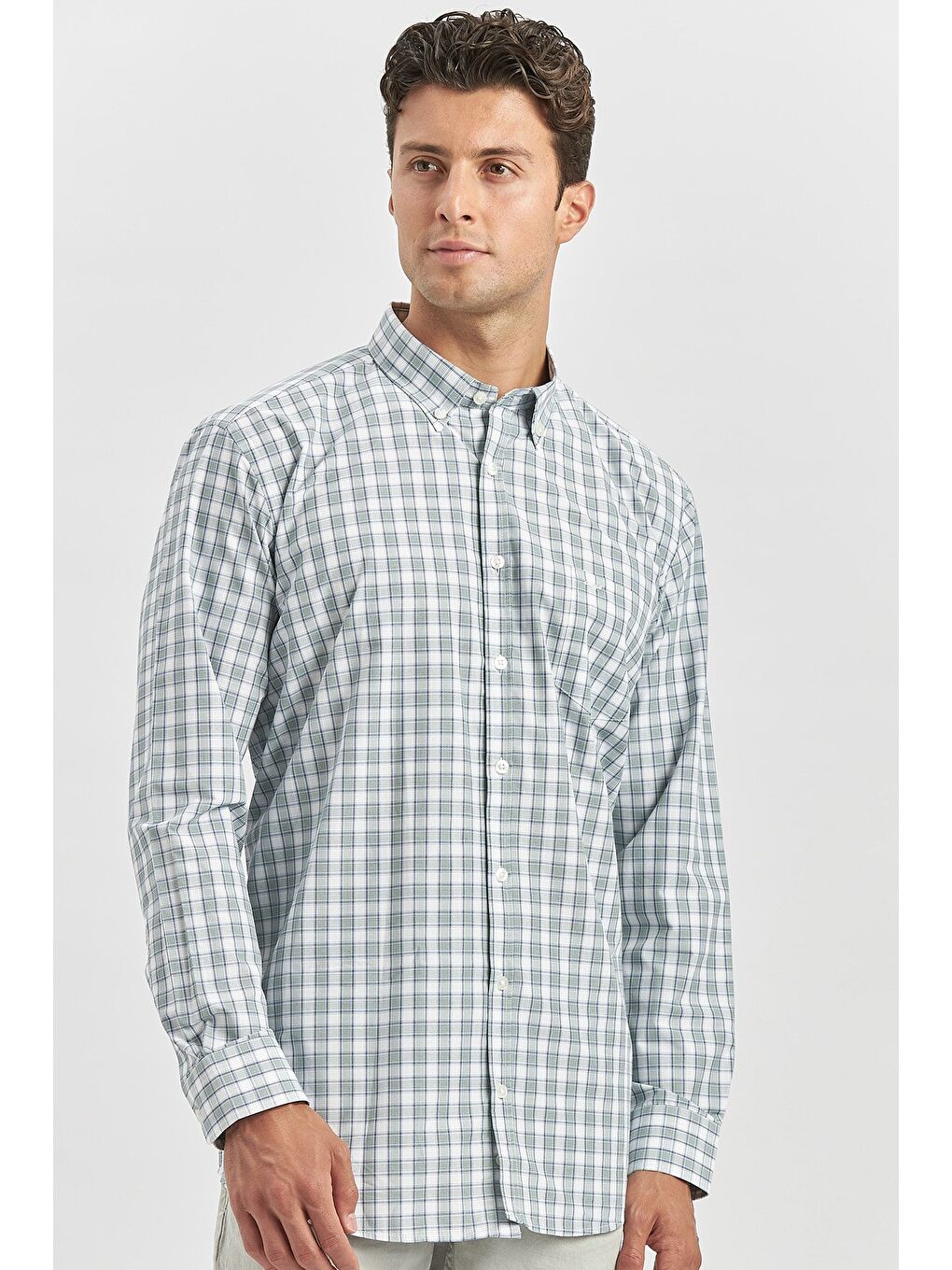 Koyu Yeşil Uzun Kol Ekose Desen Bez Ayağı Smart Düğmeli Yaka Classic Comfort Fit Gömlek 1004240253