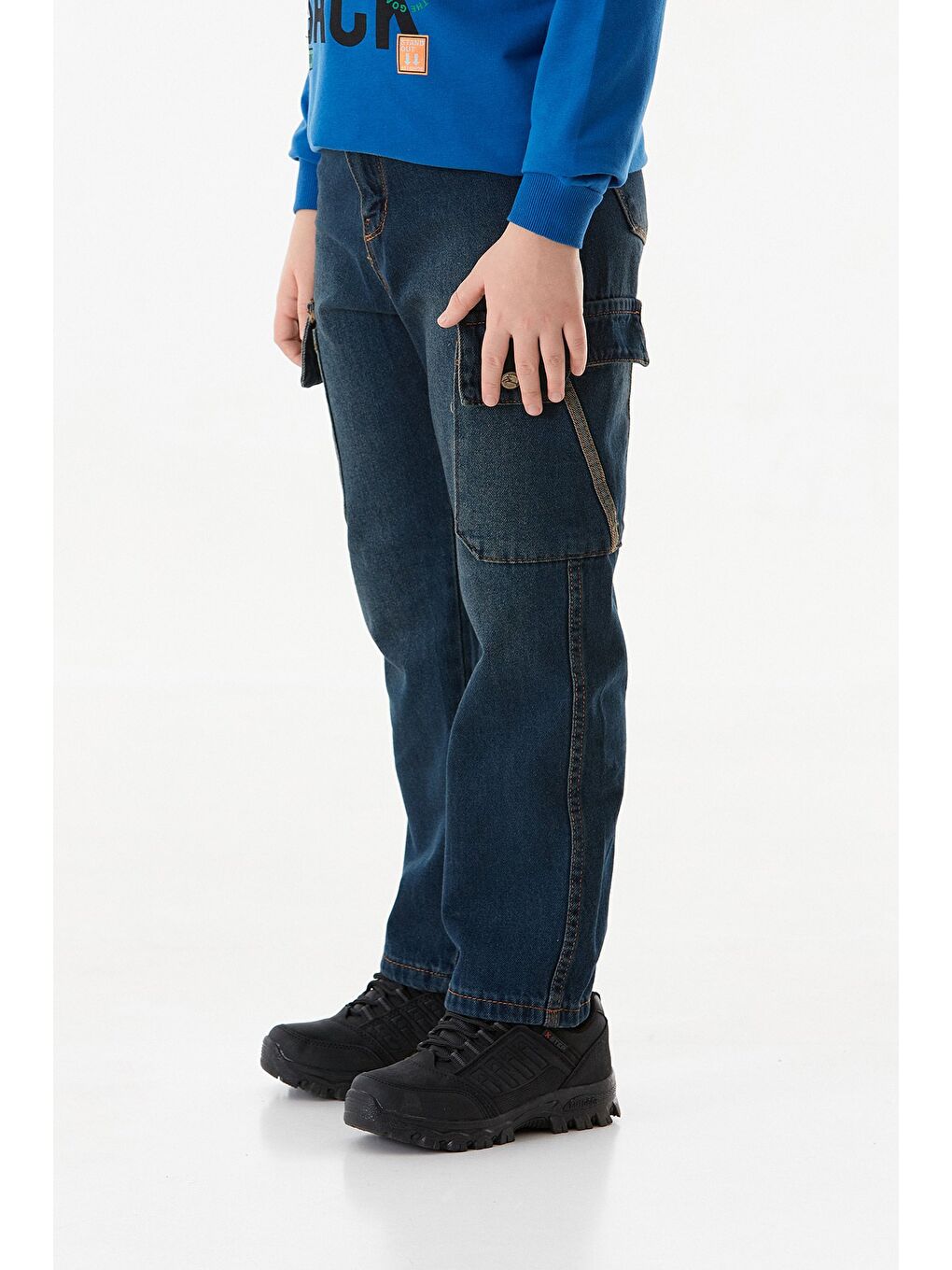 Mavi %100 Pamuk Fermuarlı Kargo Cepli Erkek Çocuk Pantolon-2