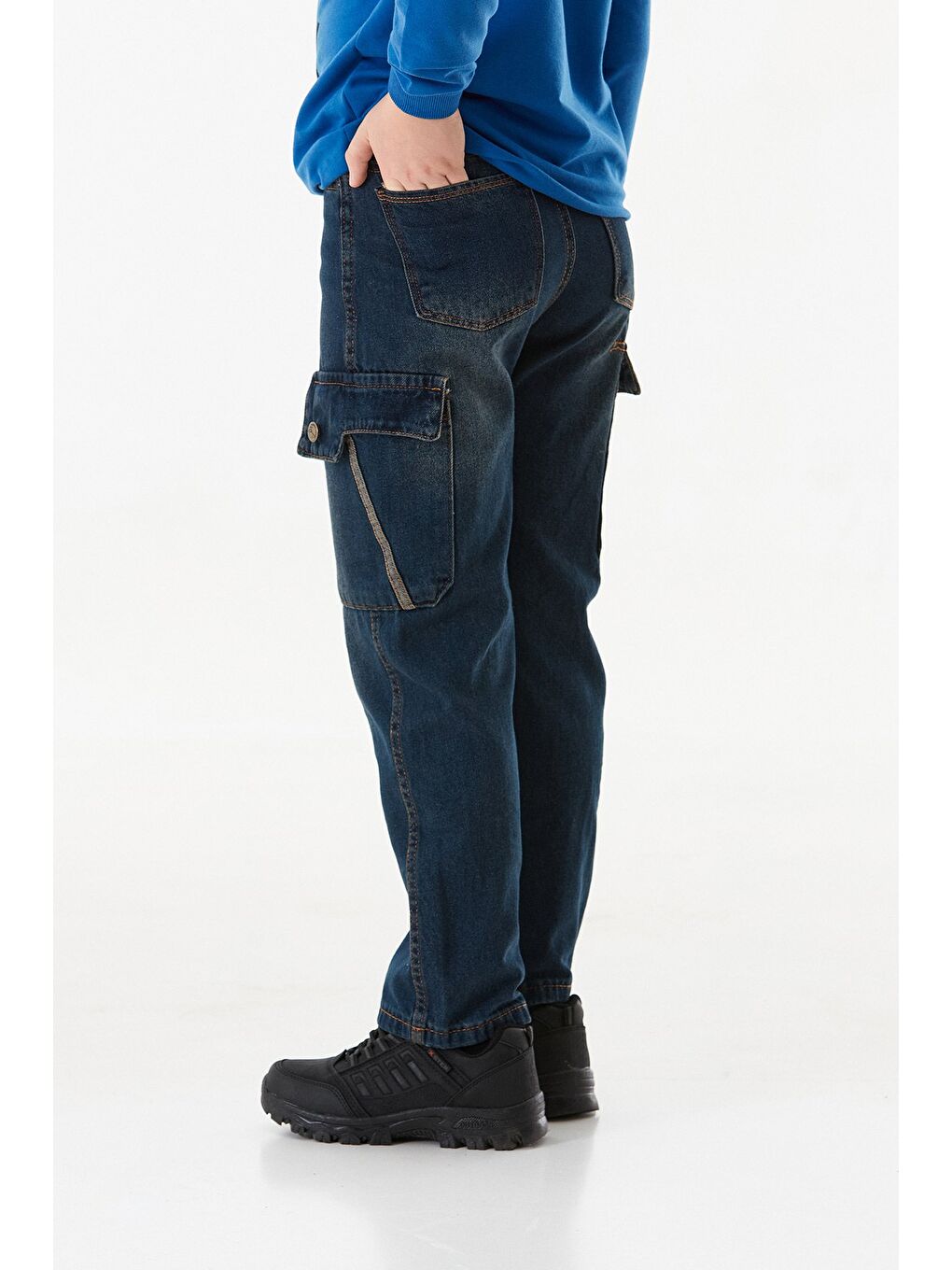 Mavi %100 Pamuk Fermuarlı Kargo Cepli Erkek Çocuk Pantolon-4