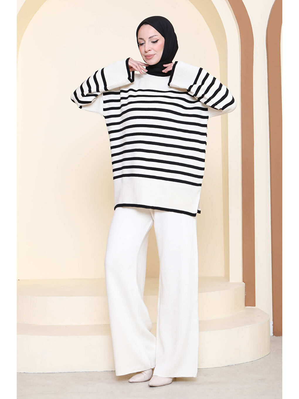 Ekru Çizgili İkili Triko Takım Krem - 27926-KREM-5