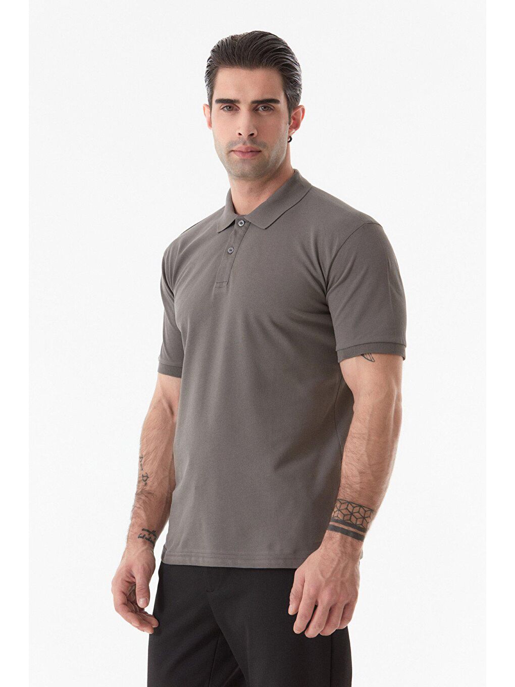 Antrasit Basic Polo Yaka Düğmeli Tişört-1