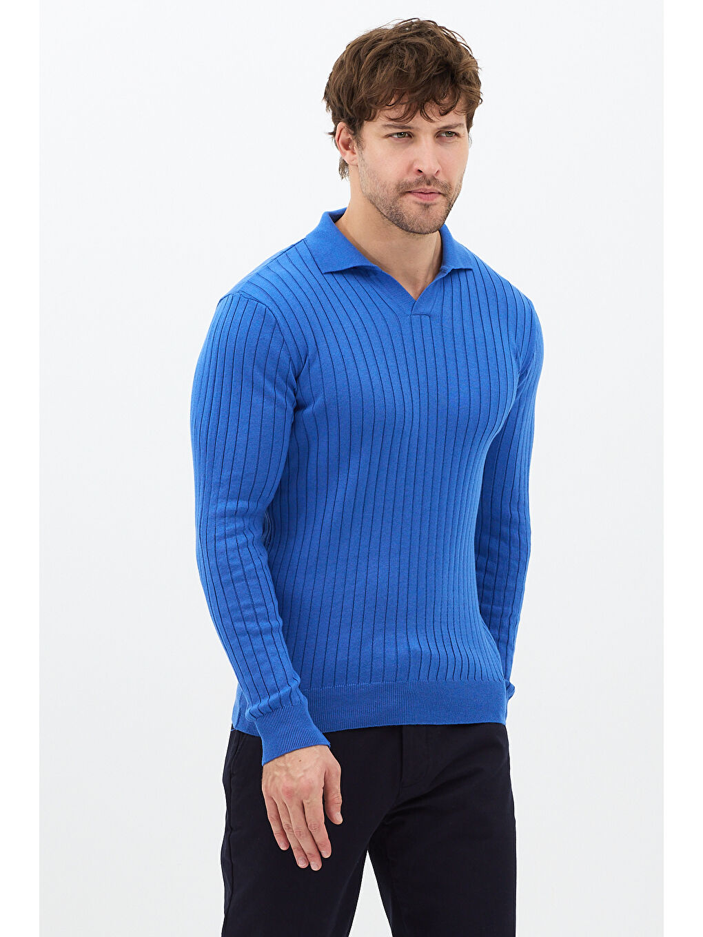 Mavi Saks Erkek Polo Yaka Fitilli Triko Kazak-2