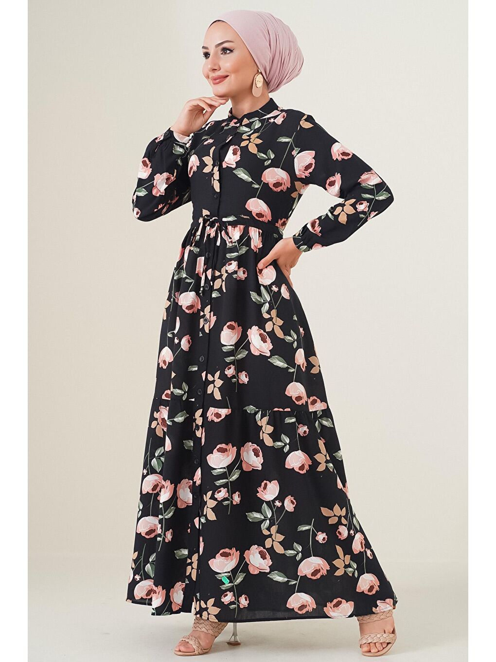 2144 Hakim Yaka Tesettür Elbise - E.Siyah