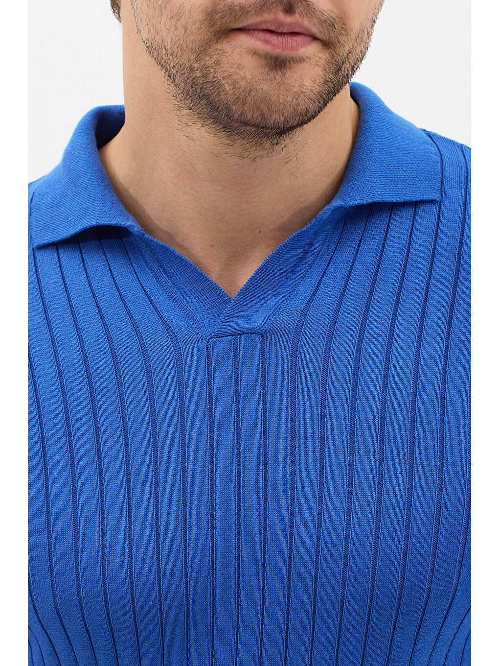 Mavi Saks Erkek Polo Yaka Fitilli Triko Kazak-3