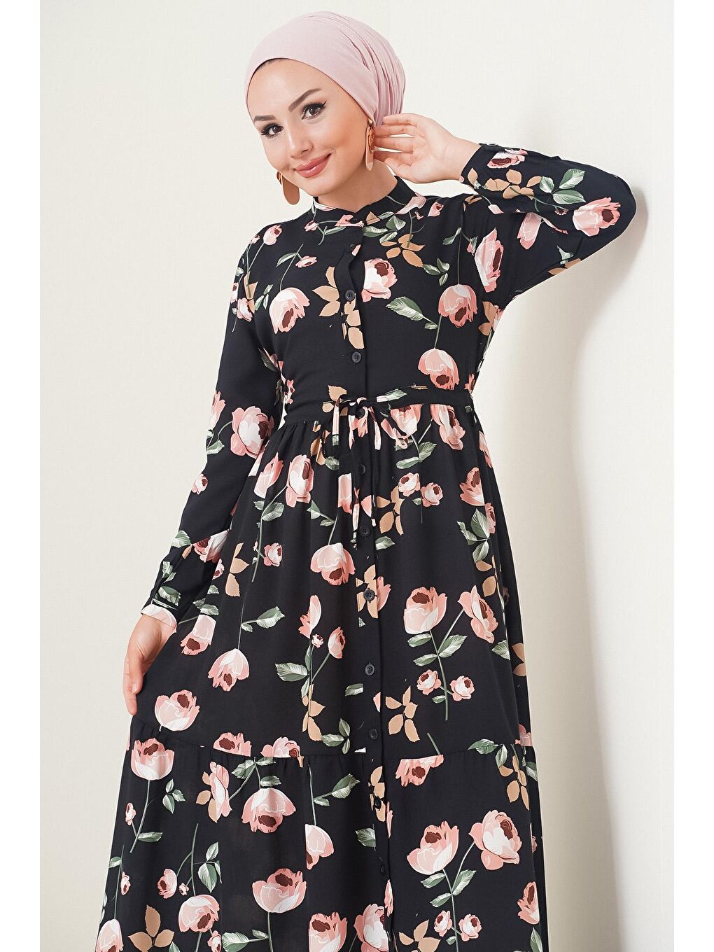 2144 Hakim Yaka Tesettür Elbise - E.Siyah-1