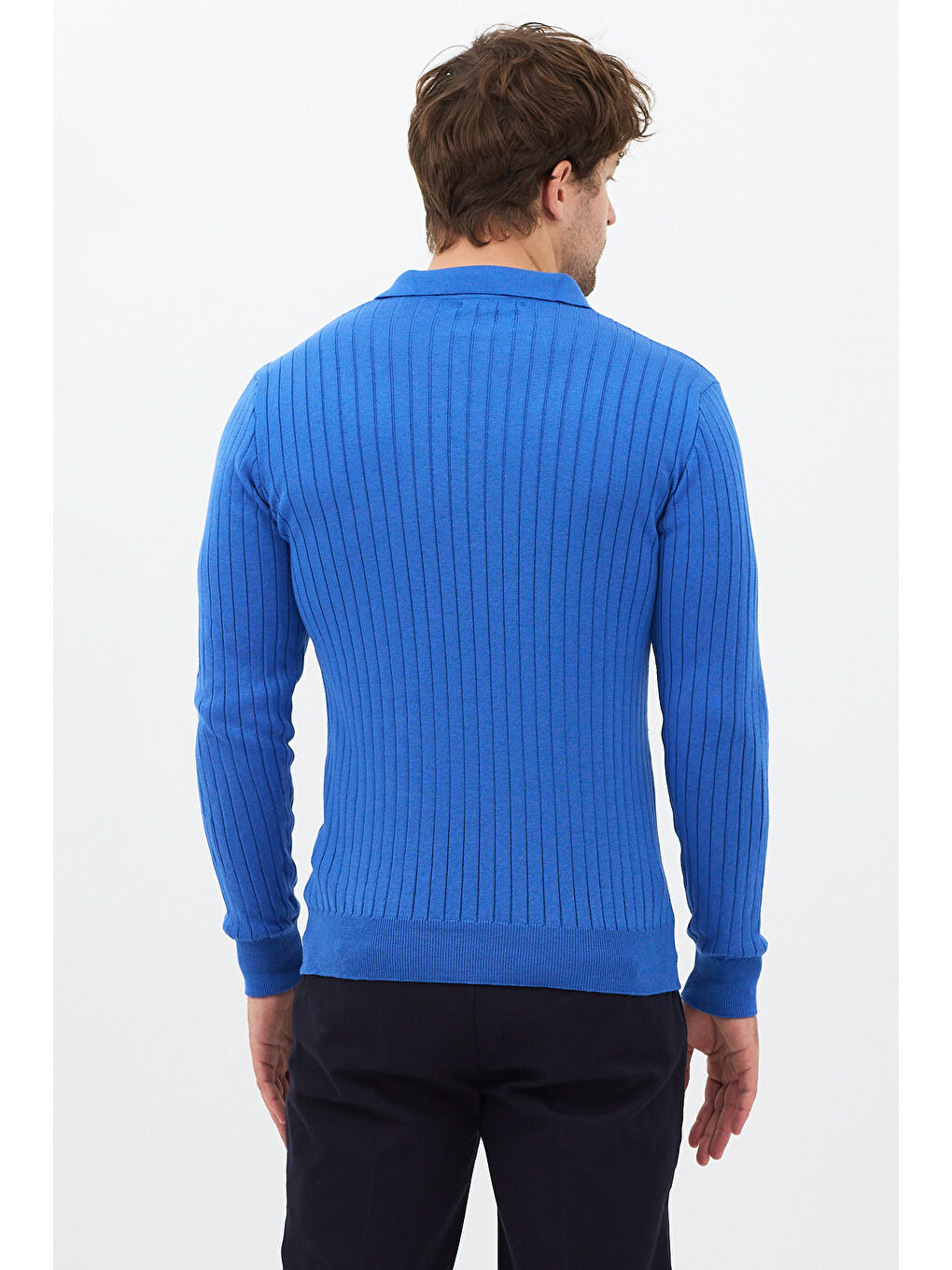 Mavi Saks Erkek Polo Yaka Fitilli Triko Kazak-4