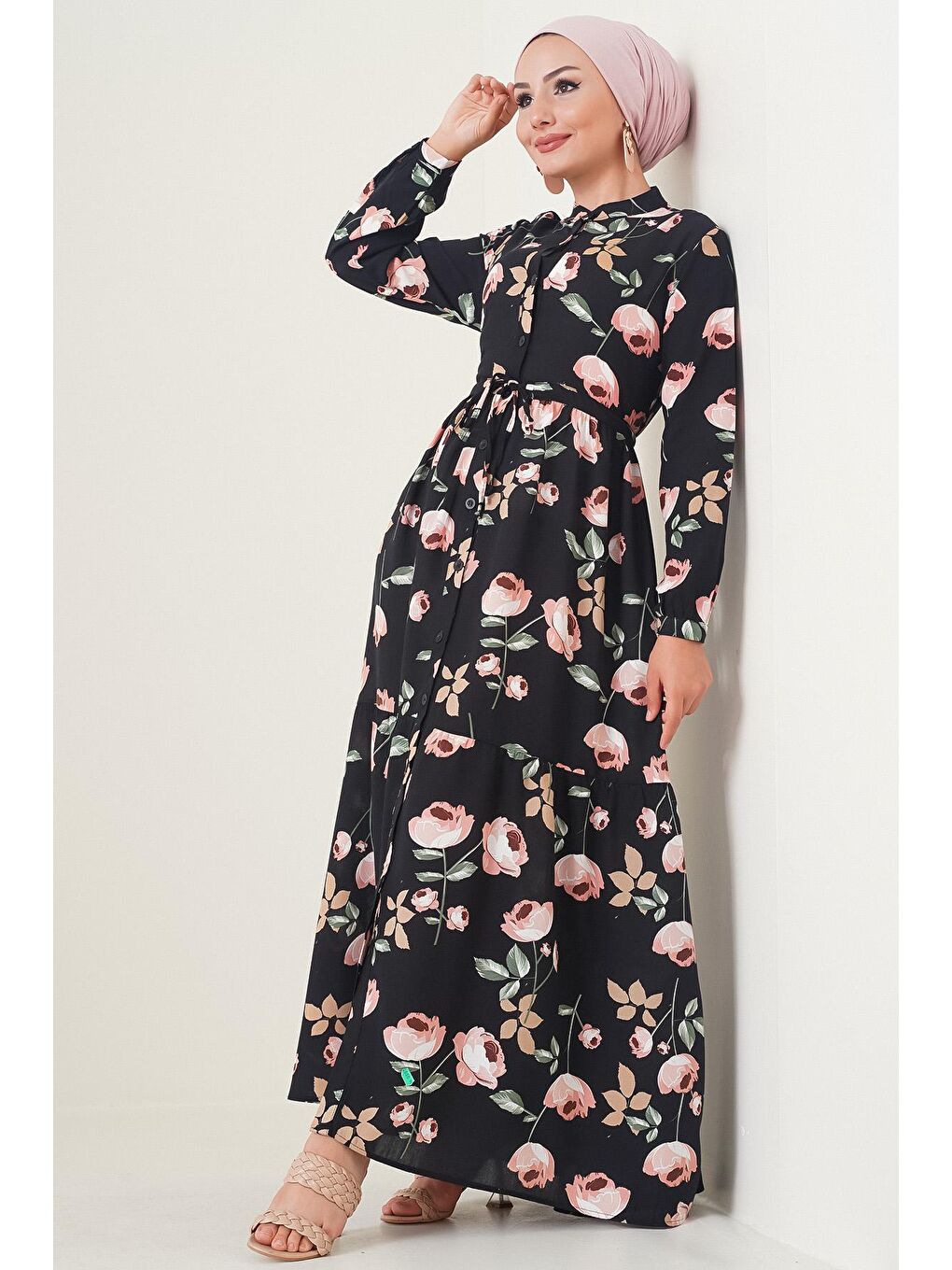 2144 Hakim Yaka Tesettür Elbise - E.Siyah-2