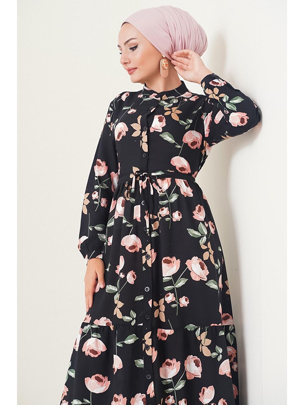 2144 Hakim Yaka Tesettür Elbise - E.Siyah-3