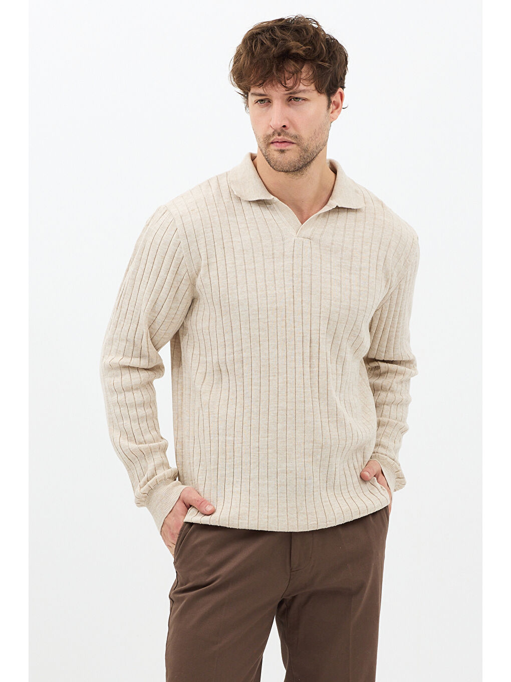 Bej Erkek Polo Yaka Fitilli Triko Kazak-1