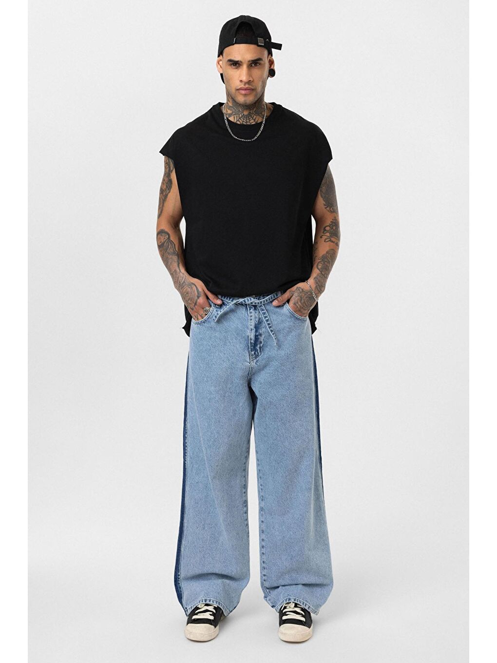 Kemer Detaylı Şeritli Baggy Jean Açık Mavi Melanj