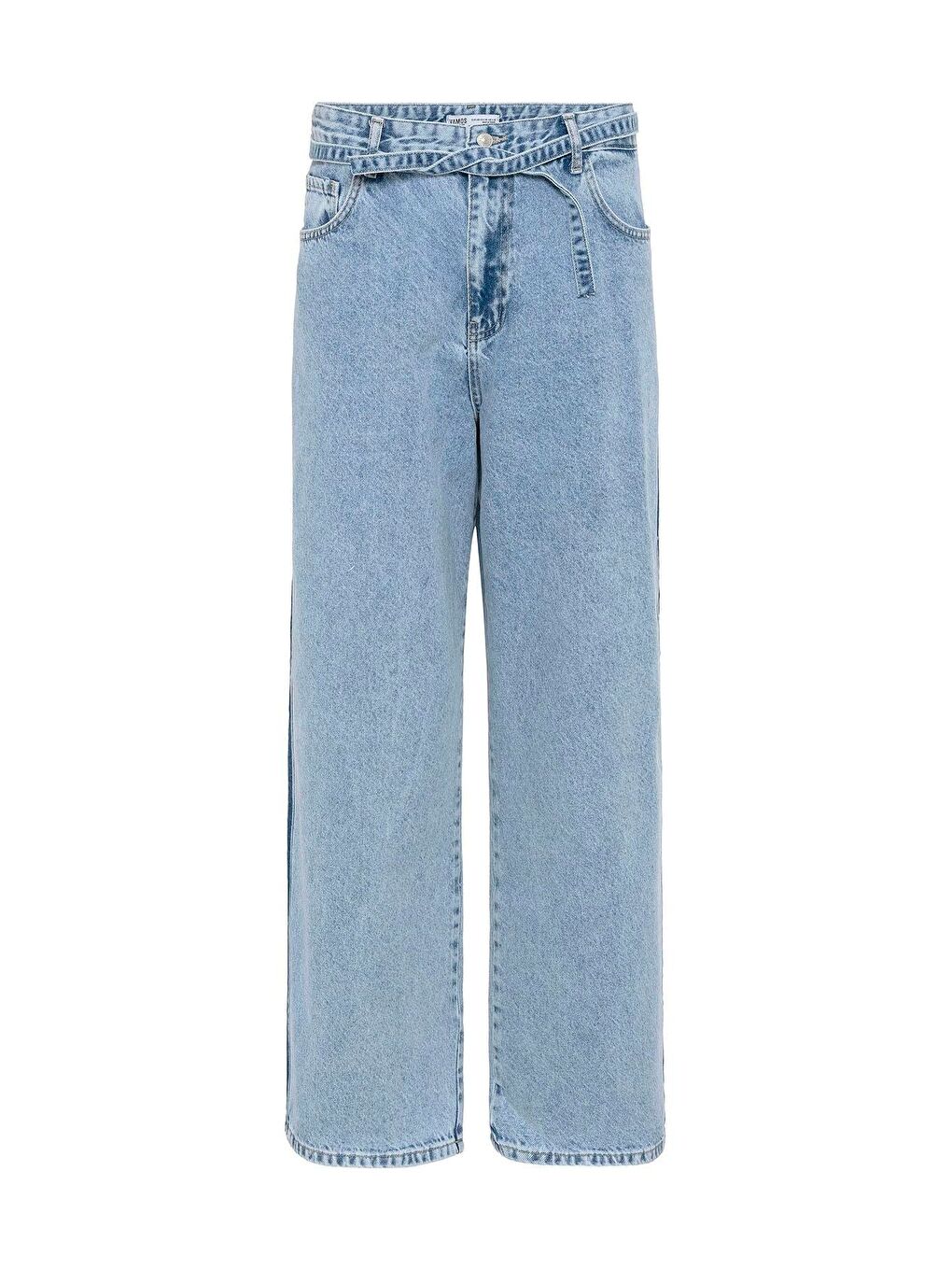 Kemer Detaylı Şeritli Baggy Jean Açık Mavi Melanj-1