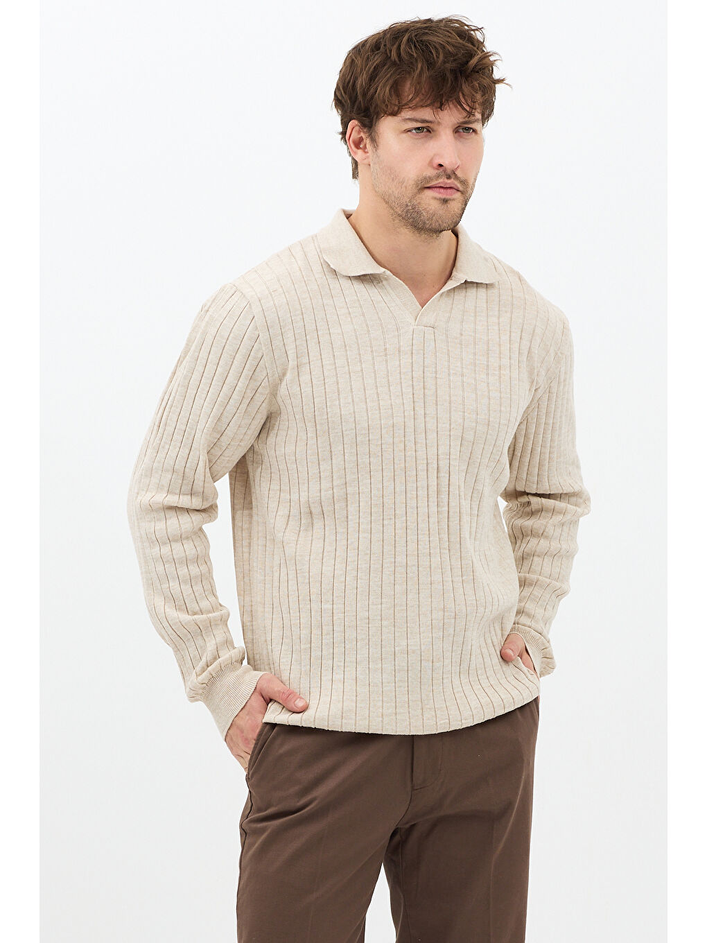 Bej Erkek Polo Yaka Fitilli Triko Kazak-2