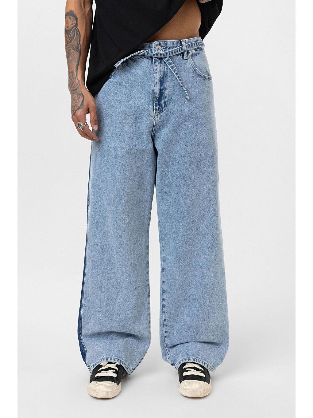 Kemer Detaylı Şeritli Baggy Jean Açık Mavi Melanj-2