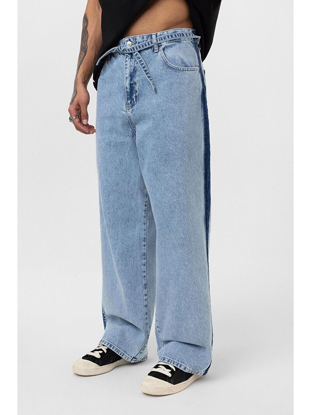 Kemer Detaylı Şeritli Baggy Jean Açık Mavi Melanj-3