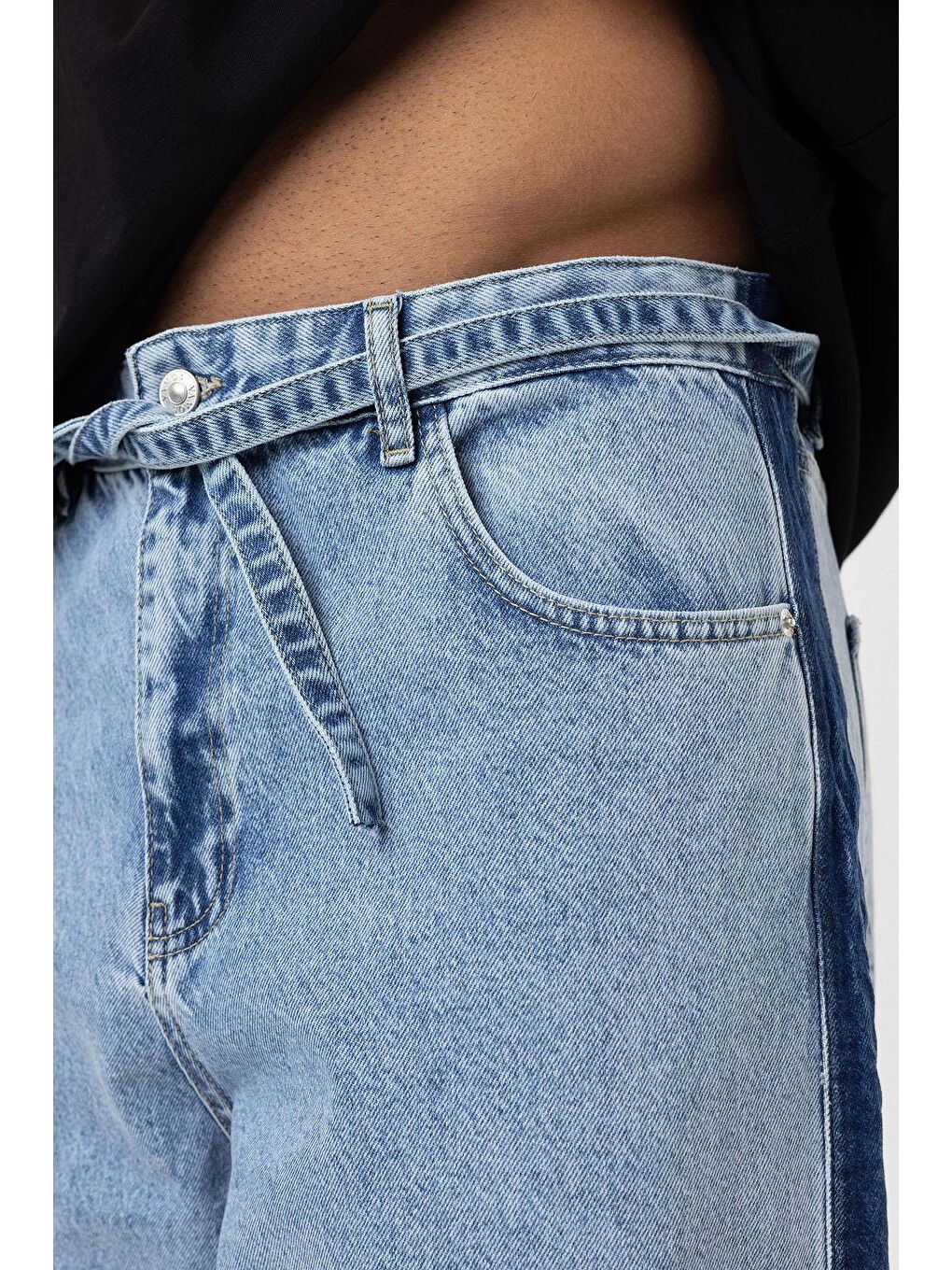 Kemer Detaylı Şeritli Baggy Jean Açık Mavi Melanj-5