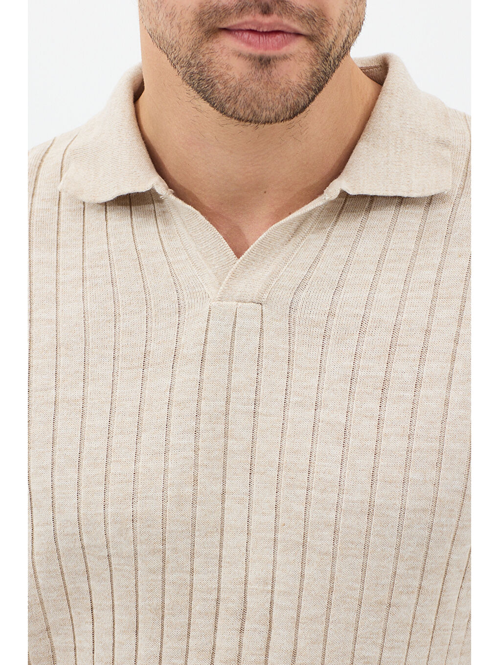 Bej Erkek Polo Yaka Fitilli Triko Kazak-3