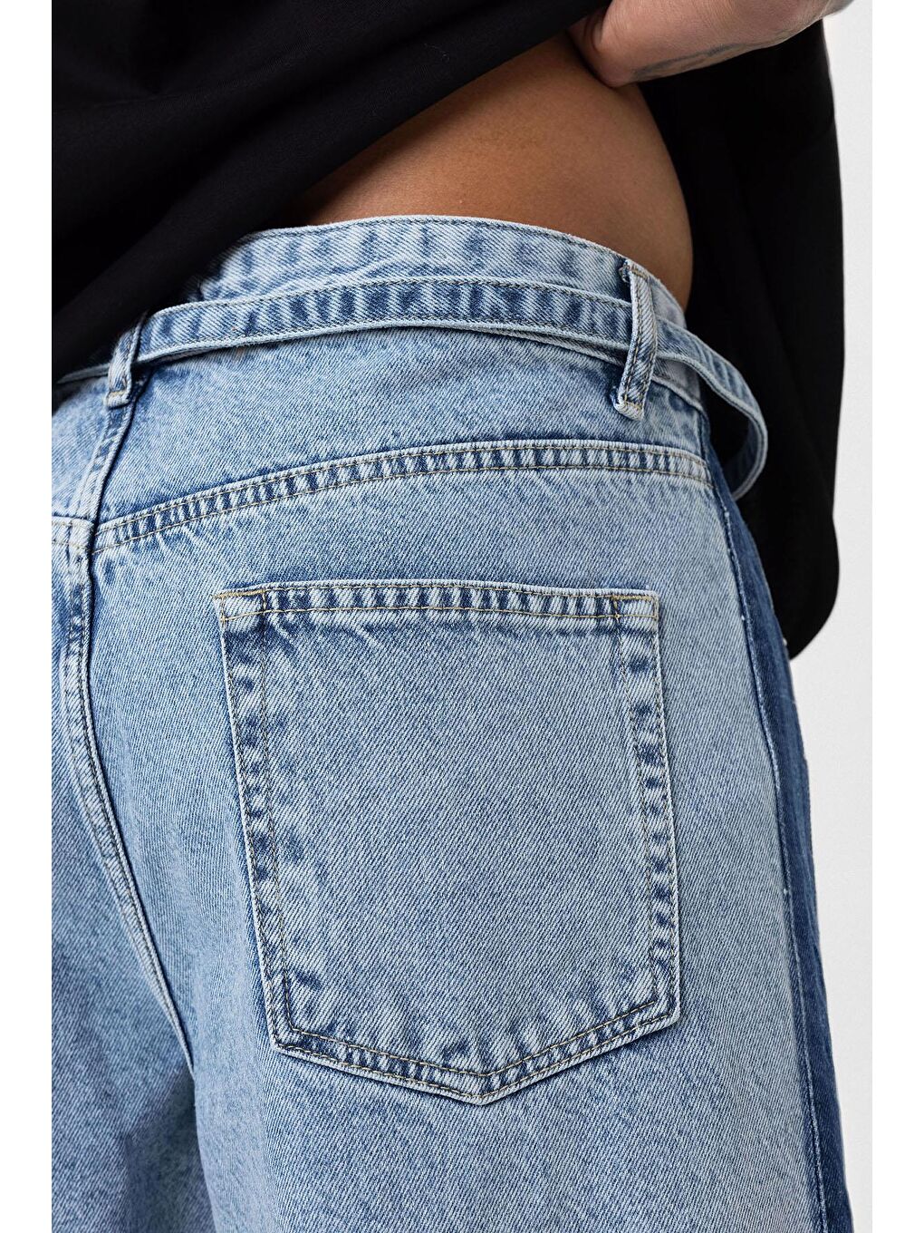 Kemer Detaylı Şeritli Baggy Jean Açık Mavi Melanj-6