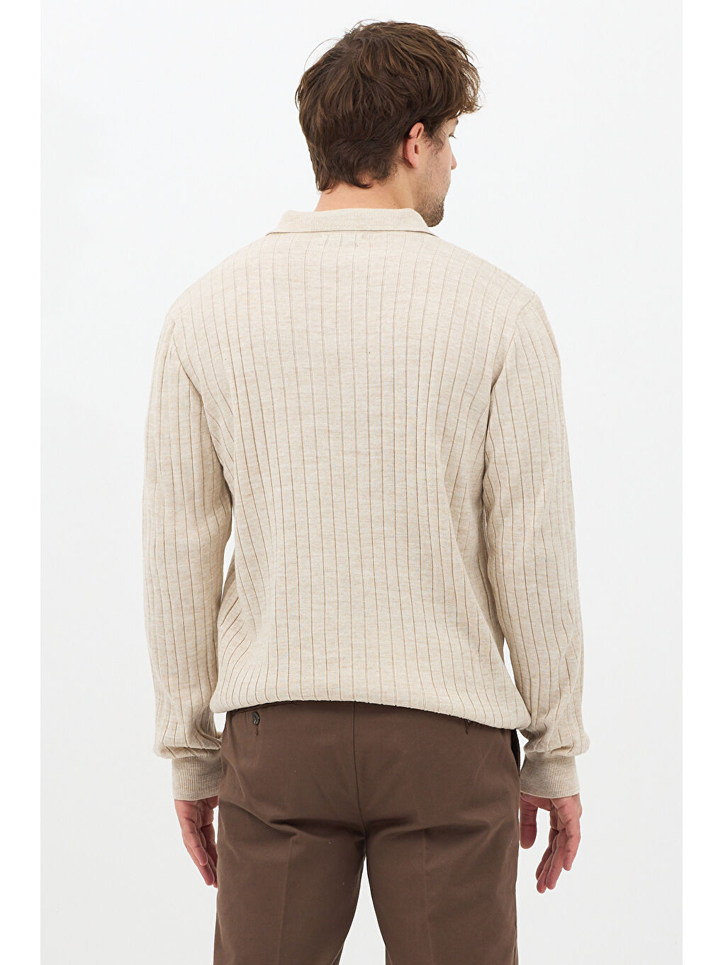 Bej Erkek Polo Yaka Fitilli Triko Kazak-4