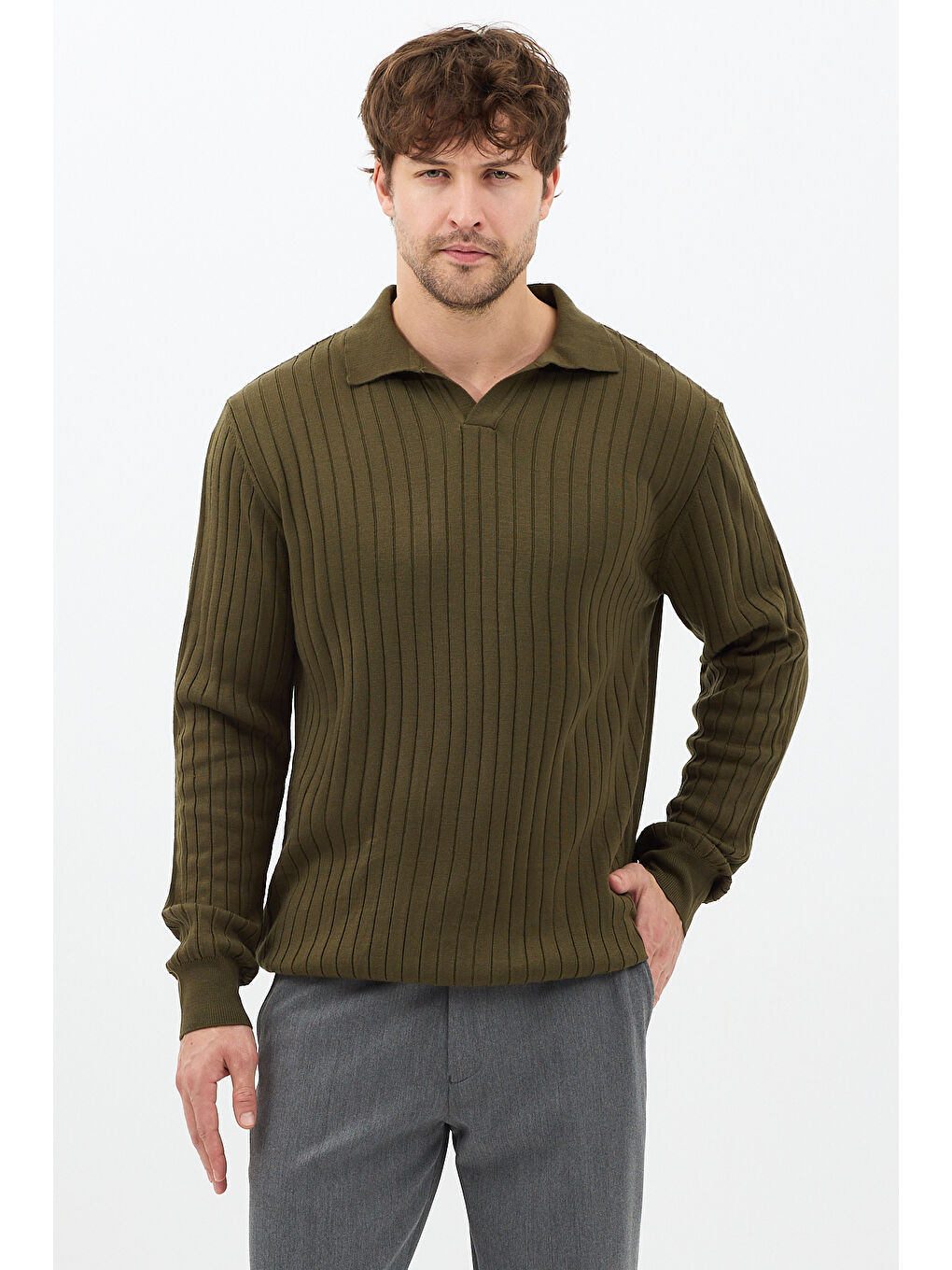 Haki Erkek Polo Yaka Fitilli Triko Kazak