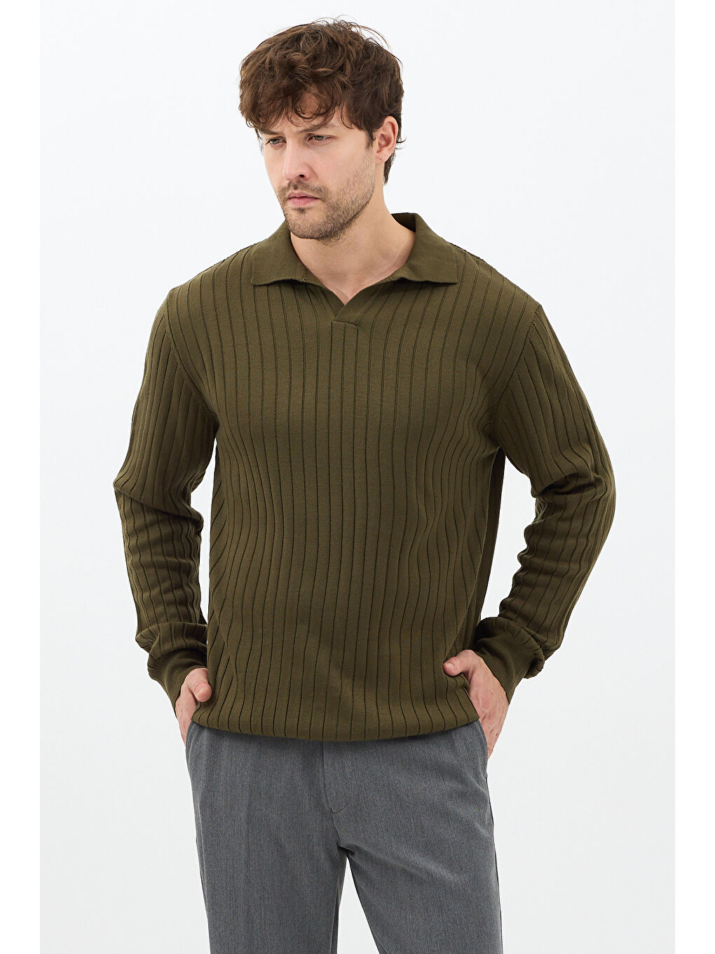 Haki Erkek Polo Yaka Fitilli Triko Kazak-1