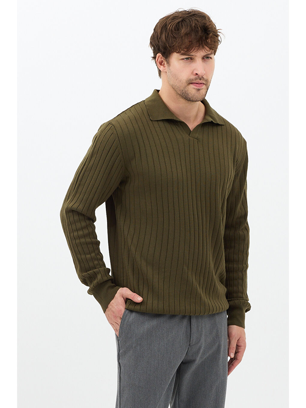 Haki Erkek Polo Yaka Fitilli Triko Kazak-2