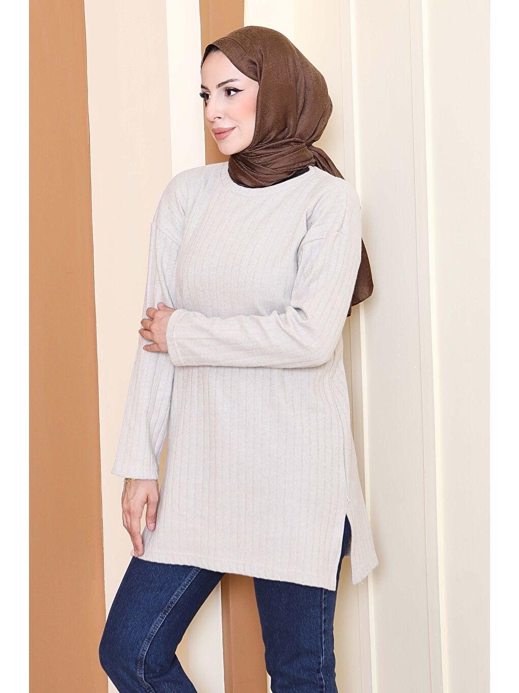 İnterlok Yırtmaçlı Tunik Bej - 27803-BEJ-1